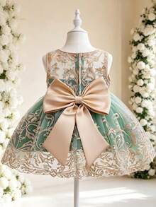 女嬰花卉刺繡網紗圓領無袖洋裝，適合花童婚禮、生日派對、周歲生日及其他場合 - 綠色 - 查看 3