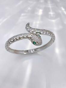 1 peça/Conjunto Pulseira Feminina Dourada Prateada Verde Esmeralda, Bracelete Aberto Ajustável com Zircônia Micro-Incrustada em Formato de Animal, Não Desbota - cobra - Visão 9
