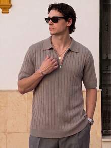 Lookun Men's Knitted Polo Shirt Short Sleeve Vertical Ribbed Italian Retro Half-Zip Luxury Casual Knit Top Spring Summer - Brown - View 3