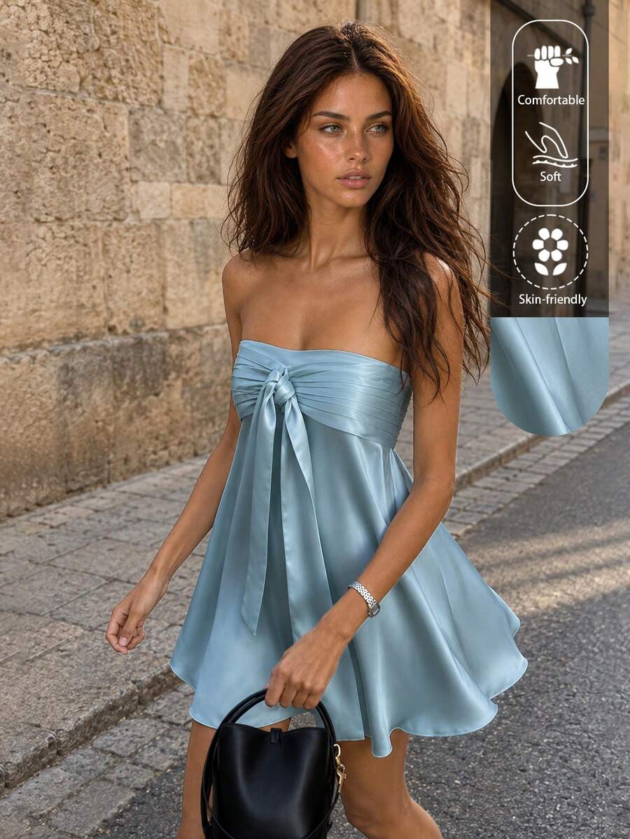 EARO Women's Short Dress, Strapless Design, Anti-Slip Strip Craftsmanship, Satin, Back To School And Graduation Season Outfit Elegant Summer - Mint Blue-green - View 1