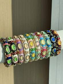 10/7/5/3/1pc Random Color & Style Stackable Geometric Textured Vintage Elegant Luxury Palace Enamel Drip Oil Leaf H Flower Metal Bracelet - Multicolor - View 5