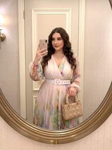 Plus Size Women's New Elegant Romantic Floral Patchwork Design Swing Dress Vacation - Apricot - View 7