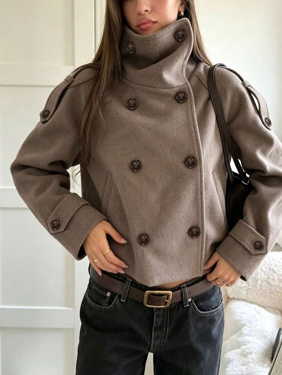Women's Fashion Woven Double-Button Coat, Long Sleeve Raglan Design, Open Collar, Suitable For Autumn/Winter Wear - Coffee Brown - View 1