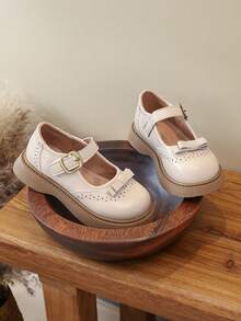 Girls' British Style Leather Shoes, T-Strap Brogue Carved Design, Versatile Student Shoes For Spring And Autumn - White - View 6