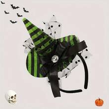 1pc Halloween Theme Black Polka Dot Mesh Striped Ribbon Bow, With Diamond-Tipped Witch Hat Headband, Suitable For Party Celebration And Costume Performance - Witch Hat Styles - View 4