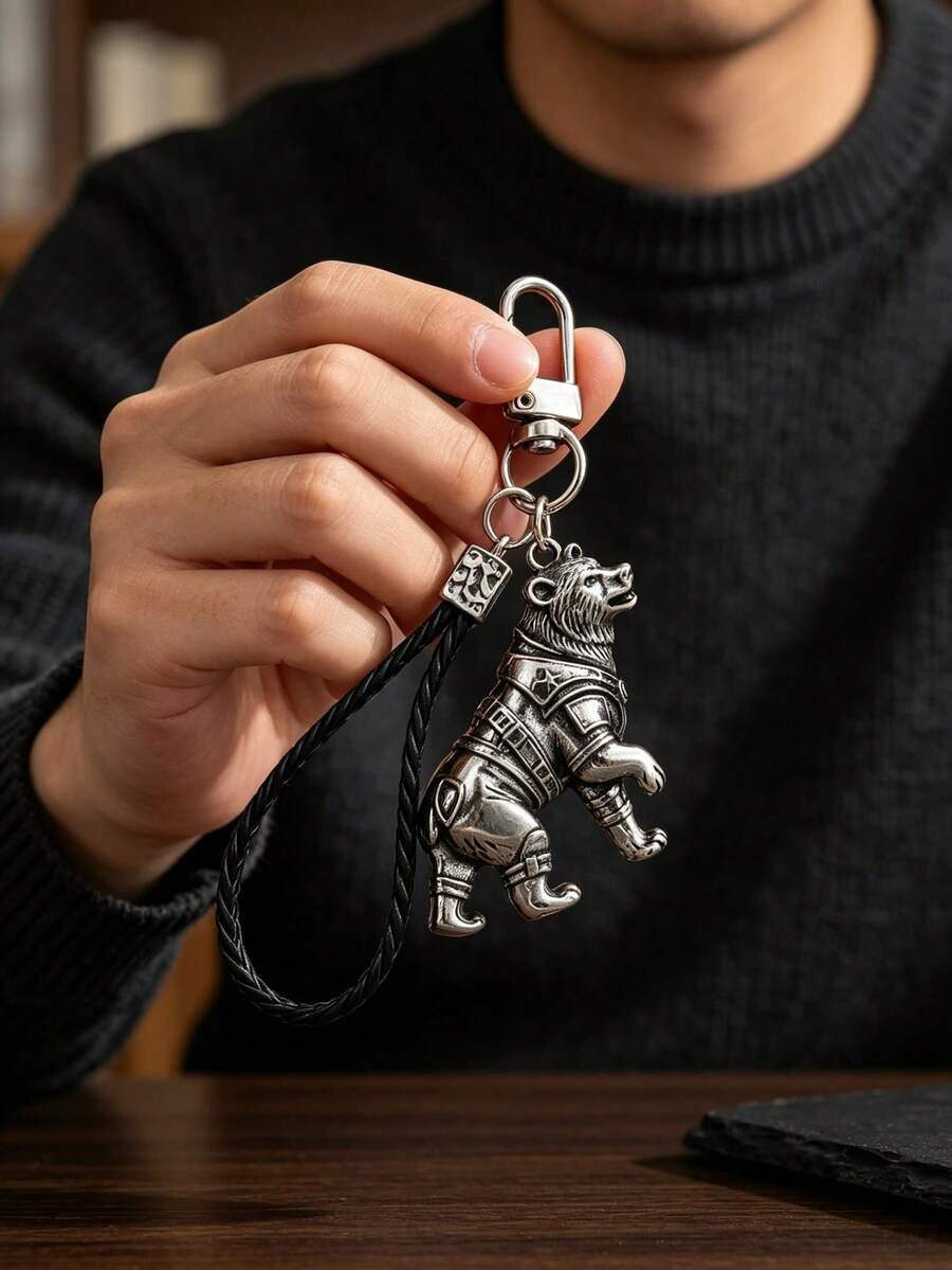 1pc Fashionable European And American Style Vintage Animal Bear Keychain Bag Pendant Accessory, Suitable For Men's Car Key Bag Pendant Decoration - Antique Silver - View 1