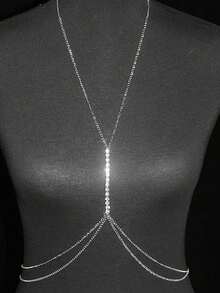 1件裝女性銀色水鑽分層腰鍊，閃亮垂墜腰鏈飾品，性感迷人身體珠寶，適合派對與節慶 - 銀色 - 查看 3