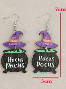 1 Pair European & American Vintage Double-Layer Wooden Earrings, Halloween Witch Hat & Magic Cauldron Fun Text Earrings - Black - View 5