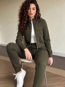 2pcs Women Set In Spring/Autumn/Winter, Minimal Solid Color Versatile Zip Up Short Jacket Tops With Elastic Waist Pocket Skinny Pants Casual Elegant - Army Green - View 6
