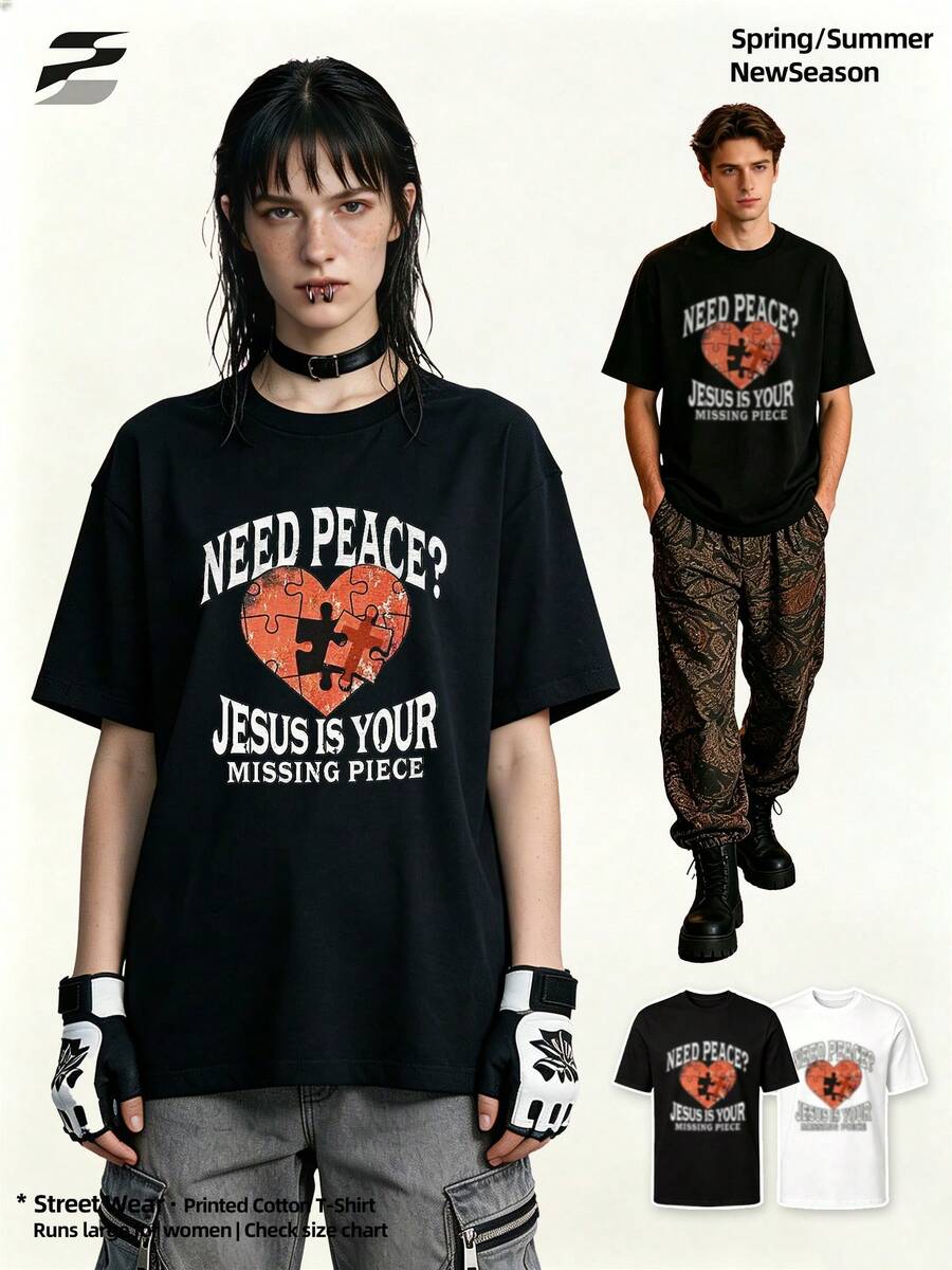 Unisex Graphic Print Short Sleeve Crew Neck-Shirt, Casual Outdoor Stylish Streetwear Tee. Tops,-Shirts, Summer Outfit. - Black - View 1