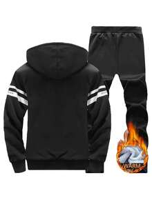 Conjunto de 2 piezas de chaqueta con capucha de apertura frontal y pantalones casuales para hombre, múltiples bolsillos prácticos, forro de felpa, adecuado para uso casual diario en invierno - Negro - Ver 3
