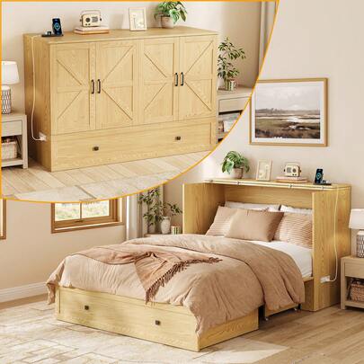 Murphy Bed Queen With Charging Station, Pull Out Bed & Murphy Bed Cabinet With Large Storage Drawer For Home Office & Small Room, Hideaway Full Foldable Platform Bed For Guest Bedroom, Living Room, Natural