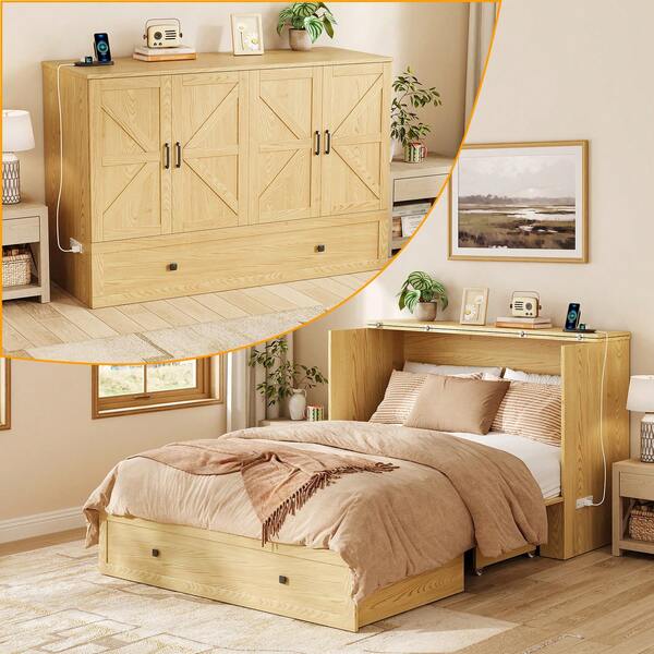 Murphy Bed Queen With Charging Station, Pull Out Bed & Murphy Bed Cabinet With Large Storage Drawer For Home Office & Small Room, Hideaway Full Foldable Platform Bed For Guest Bedroom, Living Room, Natural