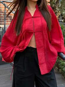 New Fashion Elegant Solid Color Women's Vintage Shirt Home Wear All Season Top Red - Red - View 3