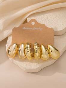 6-18pcs Set New Asymmetrical Shape CCB Gold CCB Lightweight Earrings, Textured C-Shape And Teardrop Shape, One Set Meets All Women's Daily Dressing Needs - Gold - View 5