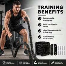 RAVIAN 8.5M Battle Rope With Wall Mount Kit, Heavy Duty Exercise Training Rope With Non-Slip Handles, Includes 2 Wall Hooks & 8 Anchor Bolts For Home Gym Strength Training - A - View 6