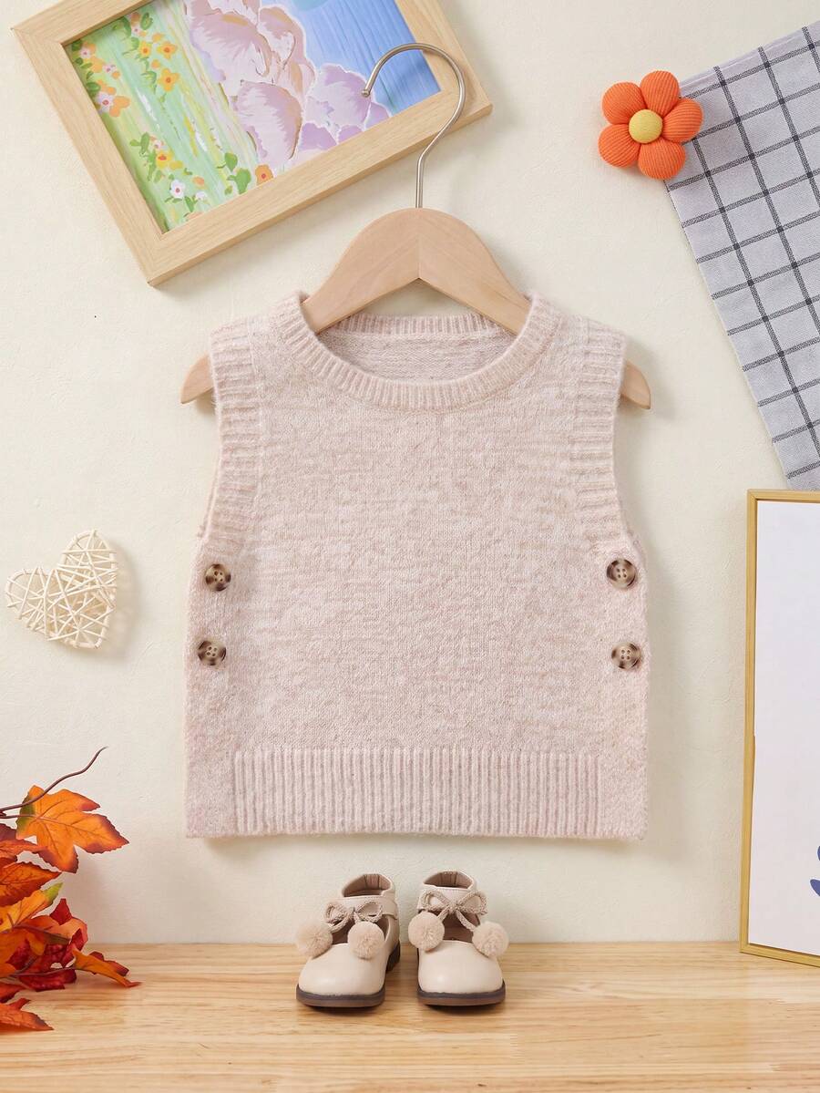 Baby Girl Solid Color Button Up Knitted Vest Sweater - Apricot - View 1