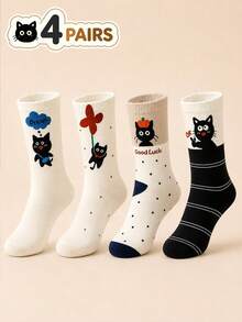 4Pairs Autumn New Minimalist Sweet Design Cartoon Cat Heel Follow Versatile Highly Attractive Mid-Calf Socks - Multicolor - View 2