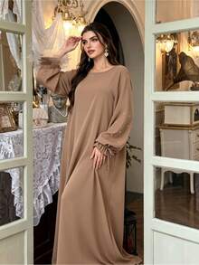 1pc Women's Daily Commute Versatile Abaya Dress With Drawstring Cuffs And Beaded Design, Suitable For Daily Outings And Friends Gatherings - Multicolor - View 22