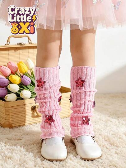 1 Pair Girls' Bright Pink Knitted All-Season Leg Warmers With Sequin Star Decor, Fashionable Spring/Autumn Leg Covers