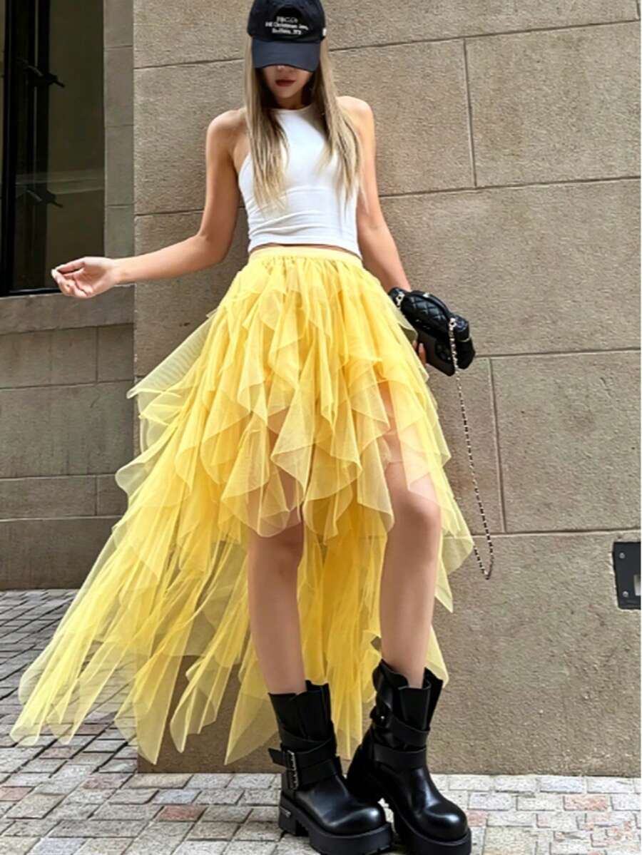 Rok Panjang Asimetris Berwarna Putih yang Elegan untuk Wanita, Musim Semi/Panas 2026, Gaya Liburan Mewah Terbaru. - Kuning - View 1