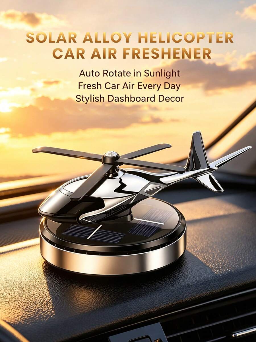 Cool Solar Powered Helicopter Aromatherapy Set, Creative Car Air Freshener - 2-In-1 Essential Car Accessory Decor Gift. Solar Powered Automatic Rotating Car Fragrance Ornament With Automatic Rotating Blades And Car Deodorizing Function, 5 Colors Available. Set Includes Essential Oil, Wooden Aromatherapy Chip And Dropper. Suitable For Men And Women, All Car Models, Perfect Gift For Car Enthusiasts