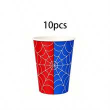10pcs/20pcs/50pcs/80pcs Halloween Spiderweb-Themed Party Tableware Featuring Red And Blue Spiderweb Patterns; Includes Disposable Paper Plates, Napkins, And Cups Suitable For Halloween And Birthday Party Decorations. - Multicolor - View 11