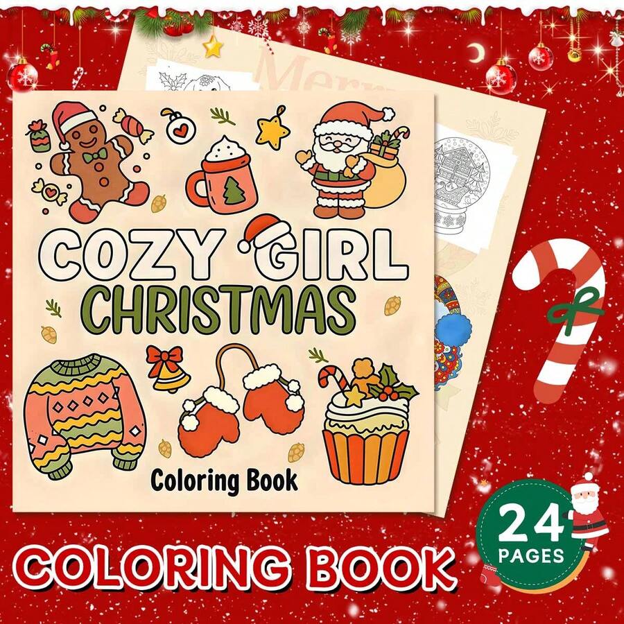 GDTME 2027 New Cozy Girl Warm Christmas Coloring Book, 20*20cm Square Format, Single Volume 24 Pages, 120g Thick Pearlescent Paper. Inner Pages Feature Healing Christmas Elements Like Wreaths, Gingerbread Men, Christmas Hot Drinks, Candy Canes, Etc. Minimalist And Cute Art Style With Clear And Smooth Lines For Easier Coloring. Thick Paper Prevents Bleeding And Seepage, Suitable For Colored Pencils And Crayons. Ideal For Teens 14+ And Adults For Leisure And Stress Relief Coloring, Full Of Atmosphere, Perfect As A Creative Christmas Holiday Gift.