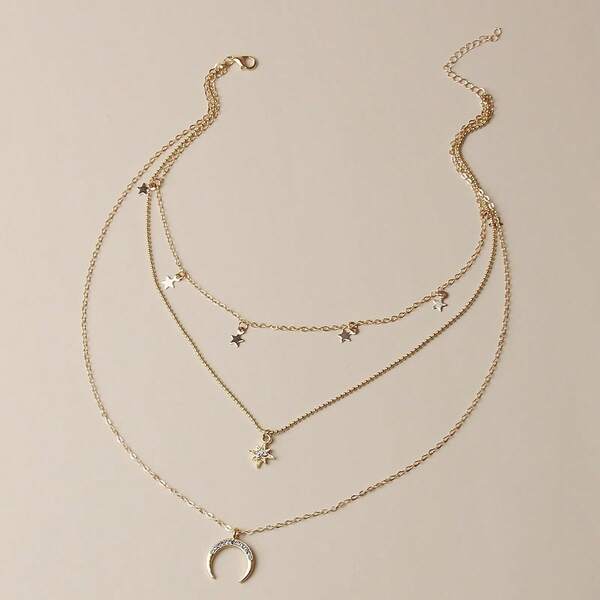 1 pièce-Collier à plusieurs couches avec pendentif lune en strass complet en forme de pentagramme pour femmes
