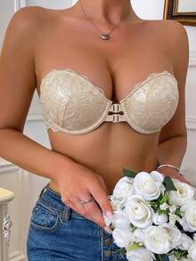 Women's Lace Push-Up Underwire Bra With Front Buckle, Backless Anti-Slip Strapless Bra, Heart-Shaped Cup Bra - Apricot - View 3