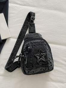 Five-Pointed Star Versatile Sports Chest Bag, Large Capacity, Vintage Denim, Shoulder Messenger Bag, Essential For Women's Commuting And Sports - Black - View 7