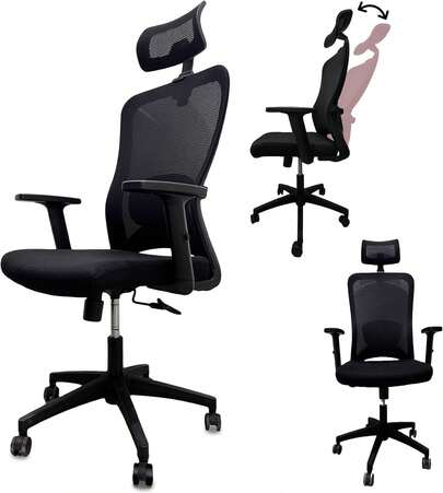 Silla Escritorio Ergonómica con Cabecera y Soporte Lumbar Ajustable, Silla ergonomica de Escritorio con Respaldo de Malla y reposabrazos Ajustable.