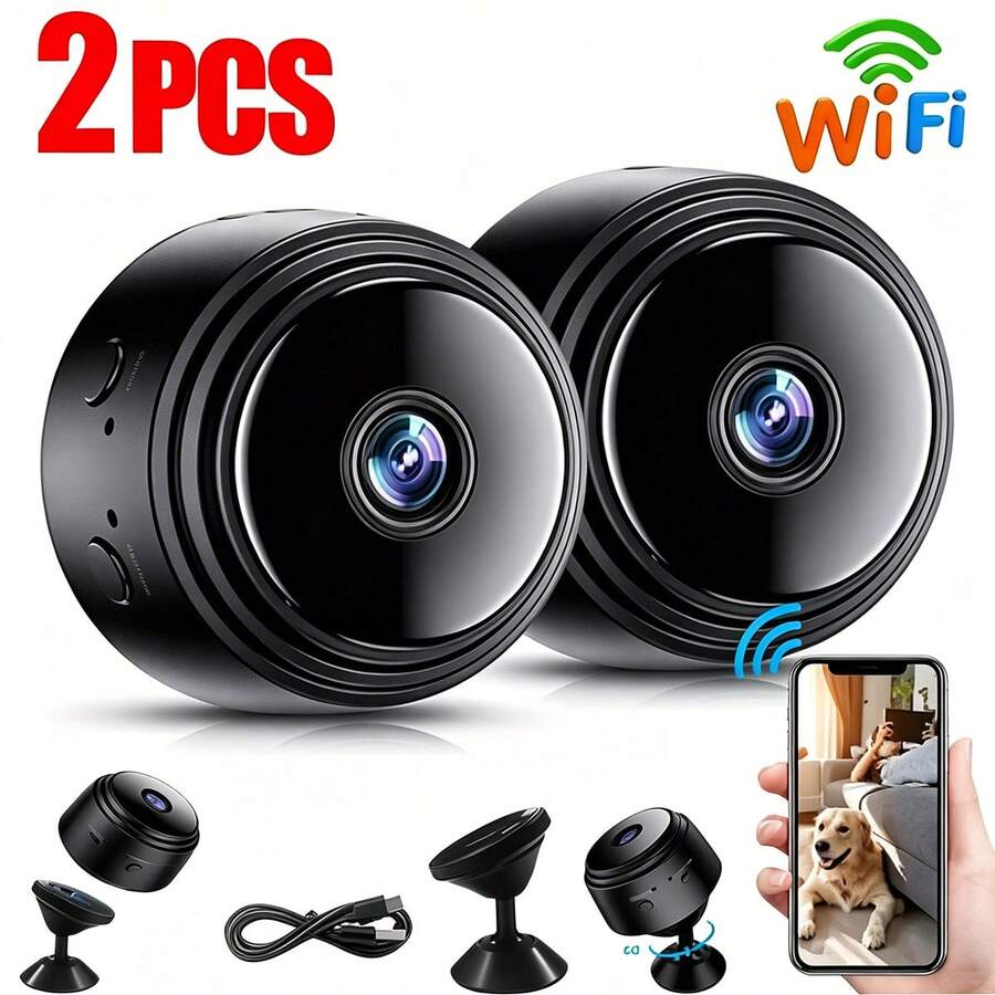 2pcs Mini Wireless Security Camera, Indoor Camera, Car Office Camera, Portable Magnetic Clip Design, Real-Time Viewing, Rotating Base, Rechargeable Recording, Loop Recording, Suitable For Home, Car, Office And Other Scenes, Only Supports 2.4G WiFi Connection, Does Not Support 5G WiFi