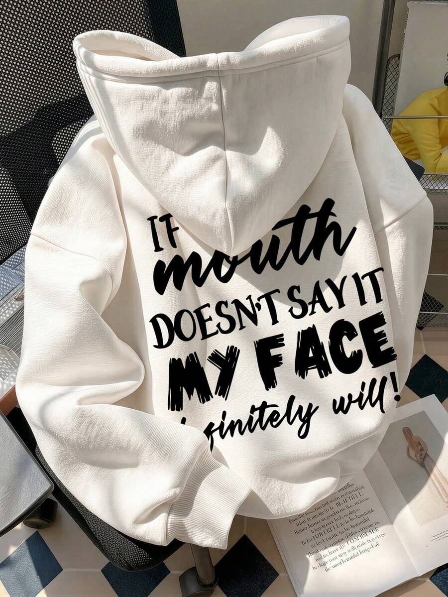 Sweatshirt Berkerudung Wanita, Motif Huruf Baru Musim Gugur/Dingin, Desain Tali Serut, Dengan Saku, Atasan Longgar Kasual Serbaguna, Modis Putih untuk Musim Gugur - Putih - View 1