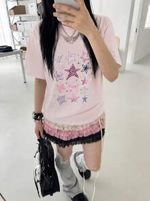 Y2K 千禧風女款夏季新款休閒寬鬆字母 X 星星印花短袖 T-shirt 上衣 粉色 - 粉色 - 查看 2