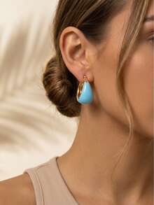 1 Pair Colorful Enamel Teardrop Hoop Earrings, Water Drop Earrings, Minimalist Daily Fashion Jewelry For Women Wedding/Party/Daily Wear - Red - View 9