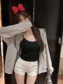 極簡性感風女士蕾絲拼接細肩帶背心上衣，春夏新款，不可調肩帶休閒黑色 - 黑色 - 查看 5