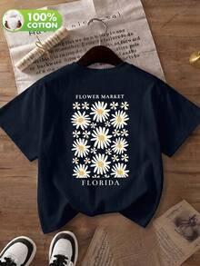 Women's Navy Blue "Florida Flower Market" Daisy Print Cotton Crew Neck Short Sleeve Casual T-Shirt, Spring/Summer/Autumn Vacation - Navy Blue - View 5