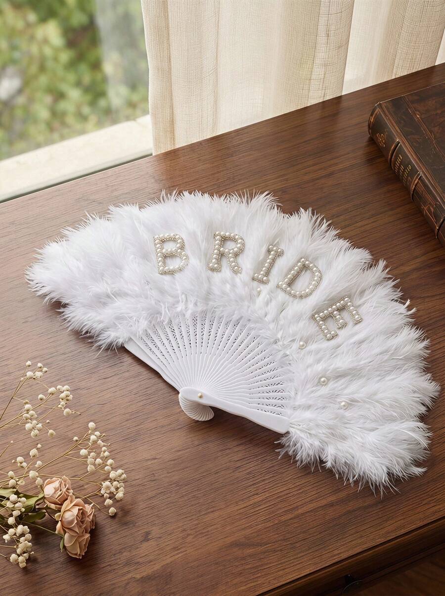 Cirelle 1 chiếc quạt cầm tay lông vũ màu trắng đính đá chữ BRIDE, thích hợp làm quà tặng cho tiệc độc thân, tiệc cưới, phụ kiện trang trí chụp ảnh cưới. - Xem 1