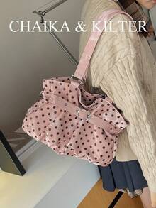 CHAIKA & KILTER 1件裝拼色PU布料托特包，女款時尚單肩托特包，滿版圓點圖案，雙手柄設計，拉鍊開合，飾帶裝飾，適合日常與街頭穿搭 - 粉色 - 查看 7