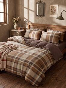 2/3件組棕色格紋被套組，柔軟透氣抗起球臥室裝飾，四季通用家用紡織品，1件被套 + 1/2件枕套，不含被芯，單人/雙人/加大/特大尺寸，復古秋季豐收主題 - 彩色 - 查看 2