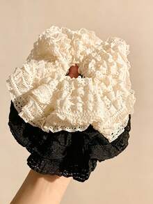 2PCS New French Style Premium Multi-Layer Lace Scrunchies, Large Hair Ties For Women, Ponytail Hair Accessories, Soft Slouchy, Exquisite Hair Decor - Multicolor - View 5