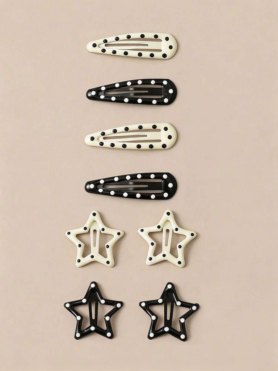 8入組女款5cm/1.97in黑白波點甜酷可愛星星與水滴造型少女風彩色滴油小髮夾，側夾髮夾，時尚百搭髮飾，適合日常配戴、外出、服裝搭配與髮飾裝飾，BB夾 - 黑與白 - 查看 1