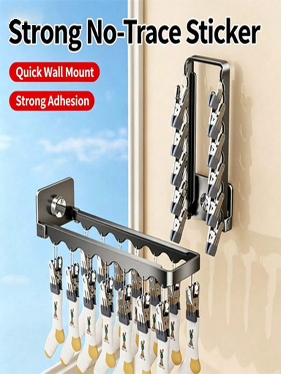 Wall-Mounted Foldable Suction Cup Clothes Drying Rack With Multiple Clips, No-Drill Socks And Underwear Drying Rack, Space-Saving Storage Solution For Bathroom, Balcony And Home Organization - View 1