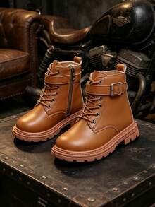 1 Pair Brown Short Boots, Metal Buckle Decor + Soft PU Fabric, Round Toe Elastic Sole, Front Lace-Up + Inner Zipper Motorcycle Boots, Suitable For Men And Girl Campus Wear, Daily, Holiday, Vacation, Outdoor - Brown - View 2