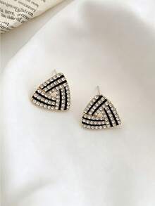 1 Pair Geometric Triangle Rhinestone Stud Earrings, Vintage Black Hollow Triangle Earrings, Elegant Versatile Women's Earrings - Black - View 4
