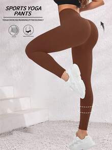 1 pieza Leggings de yoga de cintura alta marrón para mujer - Cintura alta, mezcla elástica de poliéster/spandex, superficie suave, lavable a máquina - Deportes - Marrón - Ver 5