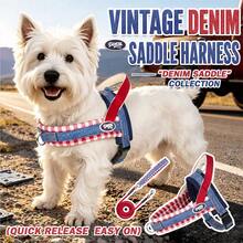 Vintage Denim Saddle Dog Harness & Leash Set, Plaid Patchwork Durable Fabric, Built-In Anti-Pull Handle, POM Strong Quick-Release Buckle, Adjustable Slider Buckle With Metal D-Ring, Breathable & Non-Stuffy For Long Wear, Suitable For Teddy, Bichon, Samoyed And Small To Medium Dogs, Pet Walking Harness Set - Red - View 3