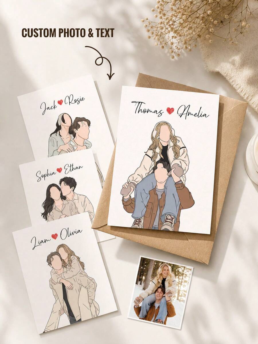 Personalized Custom Minimal Faceless Couple Portrait Card, Custom Photo And Names Line Drawing Greeting Card. Elegant Simple Outline Artwork, Thoughtful Romantic Souvenir For Anniversary, Engagement And Special Couple Occasions. - Multicolor - View 1