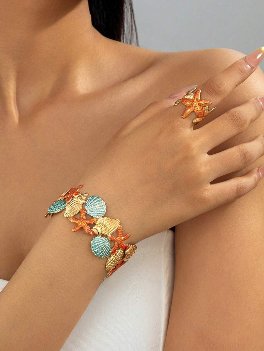 2pcs Ocean Starfish Shell Jewelry Set, Gradient Enamel Open Cuff Bracelet, Adjustable Ring, Beach Accessories - Colorful - View 1